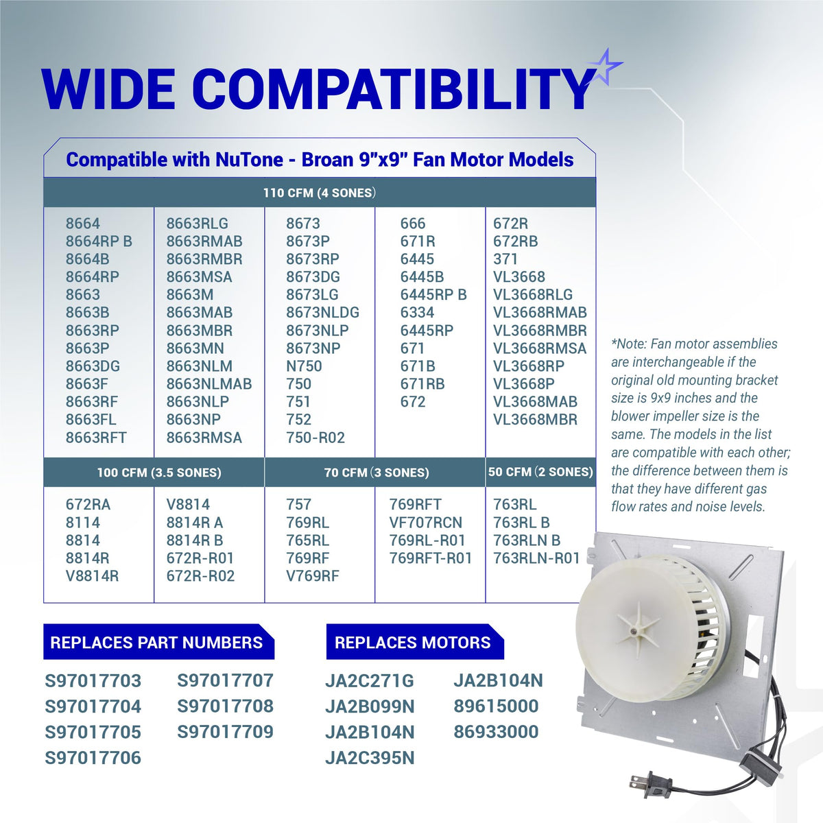Compatibility chart for 97017705 bathroom exhaust fan motor assembly showing compatible NuTone and Broan model numbers.