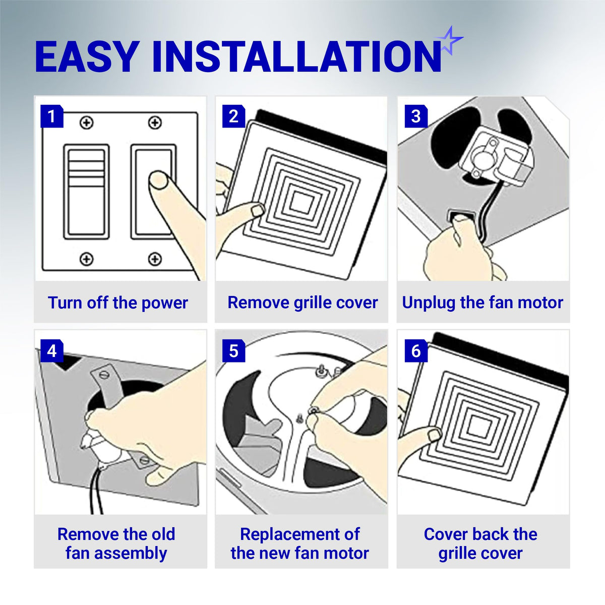 Six-step installation guide for Nutone bathroom exhaust fan motor replacement assembly.