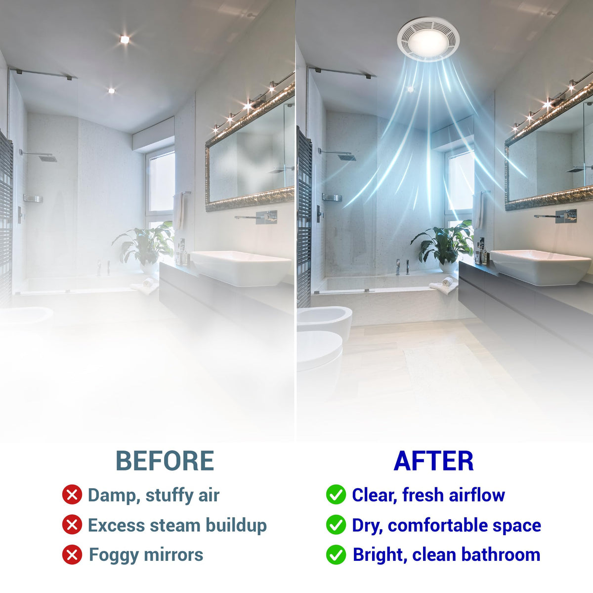 Before and after comparison showing bathroom exhaust fan motor clearing steam and humidity for a clean bathroom.