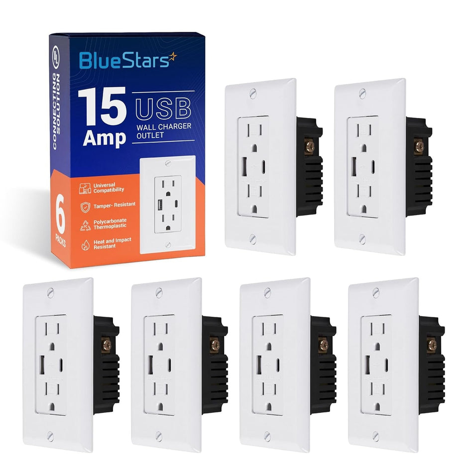 Pack of 6 Electrical USB Wall Charger Outlet 15 Amp USB Type C & Type A High-Speed Charging