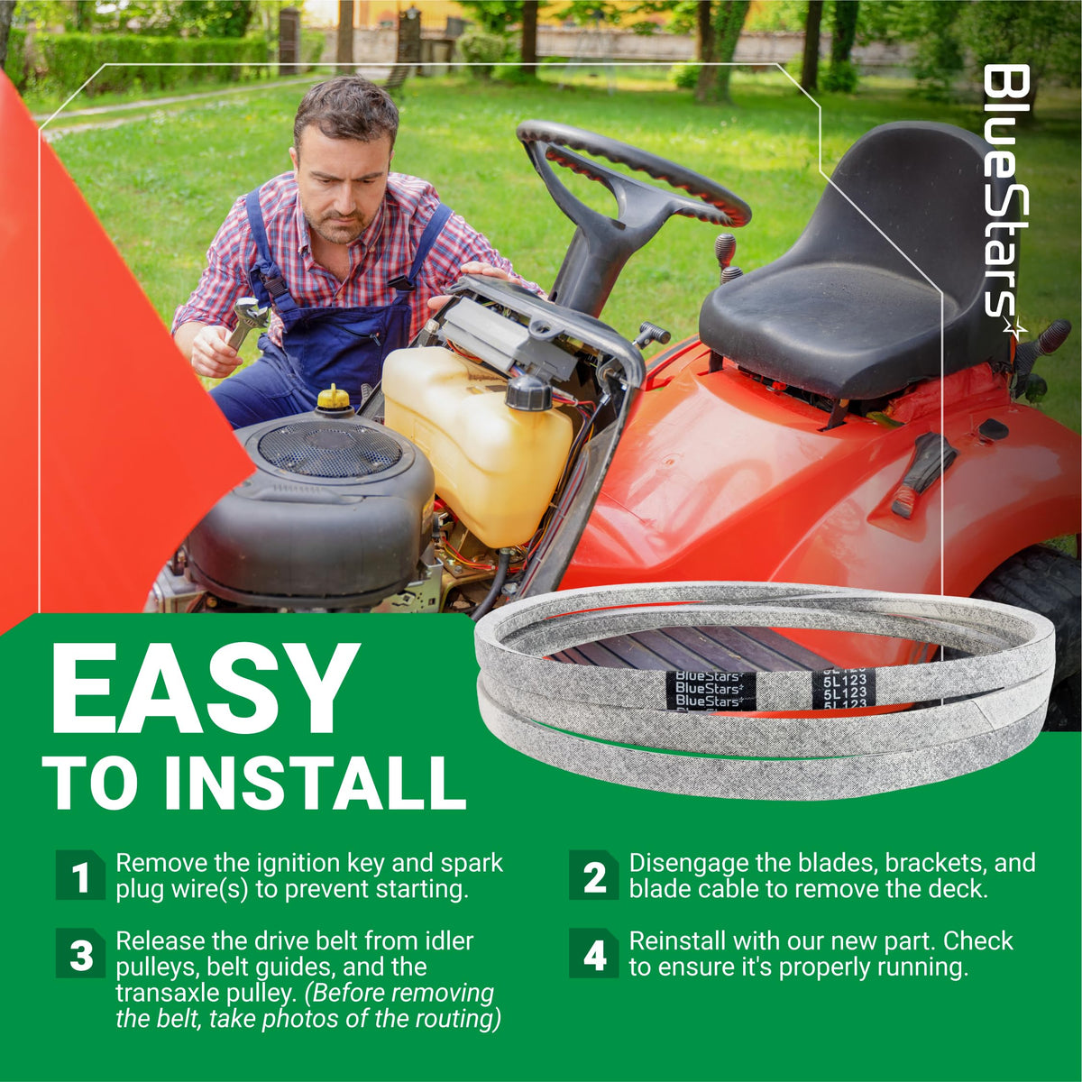 Instructional graphic showing 539117245 deck belt replacement steps for Husqvarna zero-turn mowers.