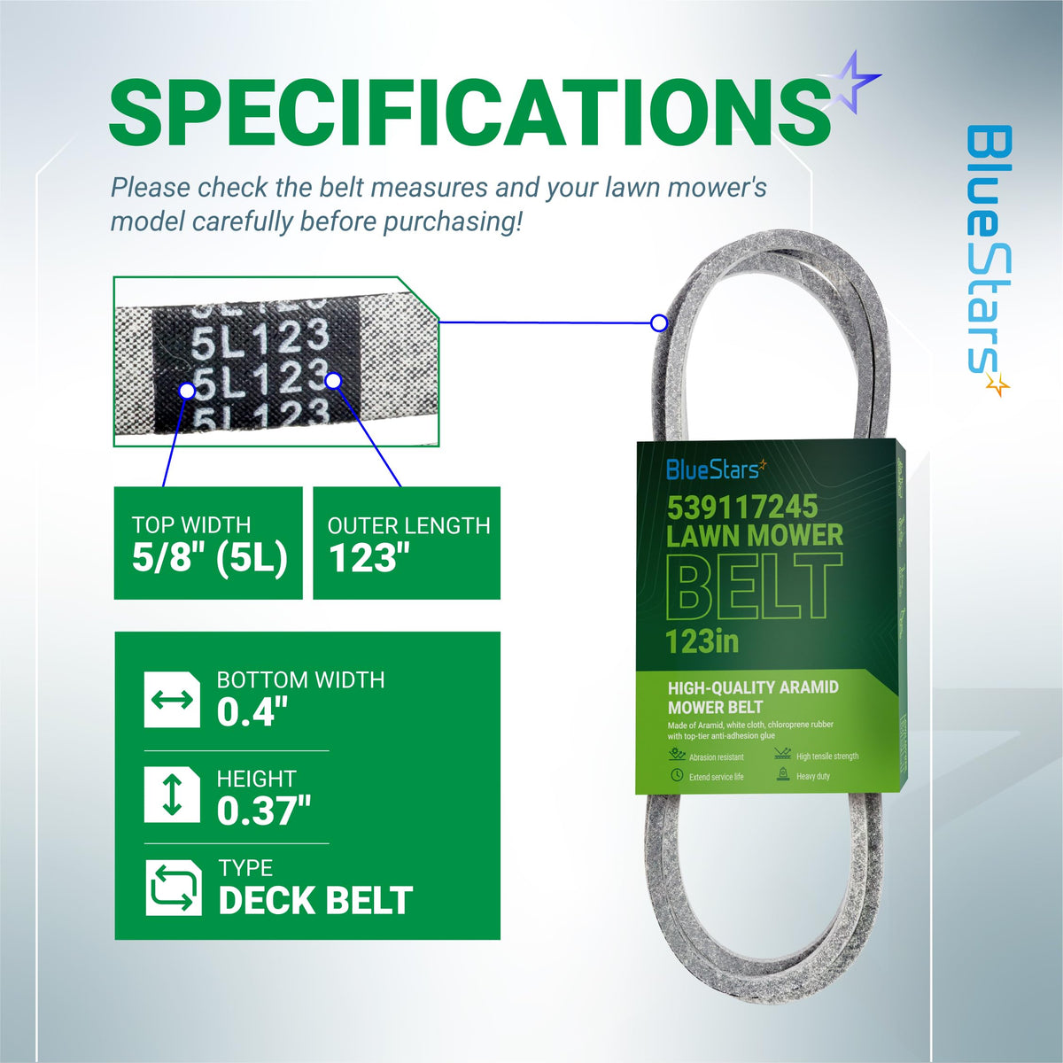 Specification chart for 539117245 mower deck belt showing dimensions, width, and length details.