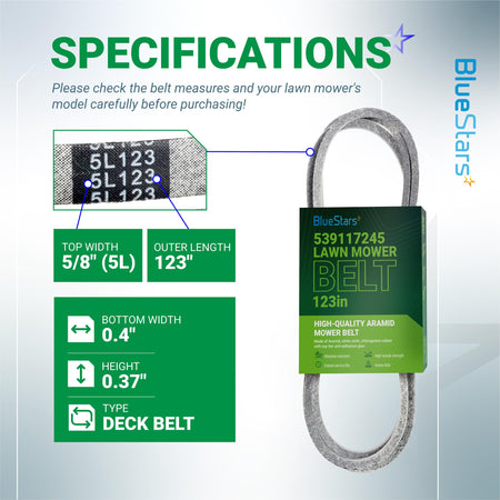 Specification chart for 539117245 mower deck belt showing dimensions, width, and length details.