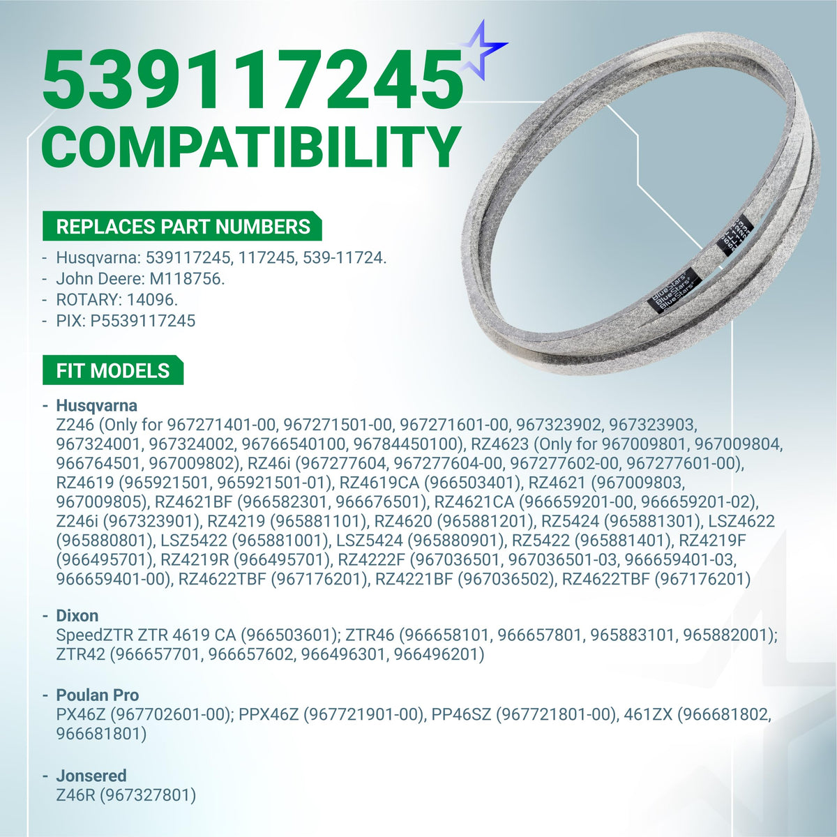 539117245 replacement deck belt compatibility chart for Husqvarna 46-inch zero-turn mowers.