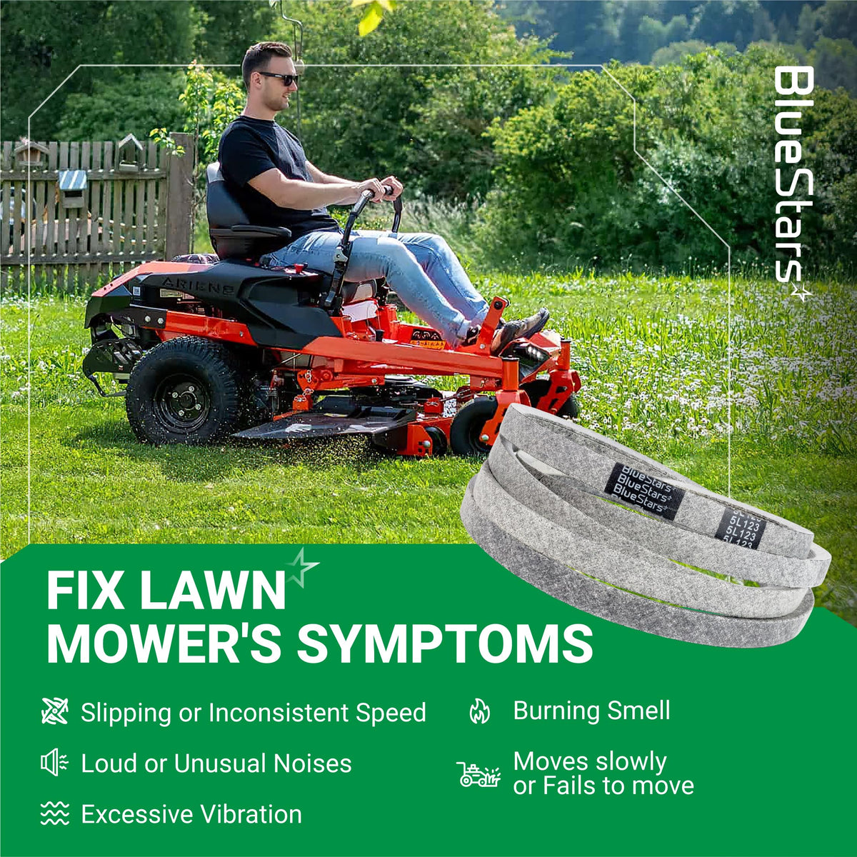 Replacement deck belt for zero-turn mowers shown with a man operating a lawn mower in a field.