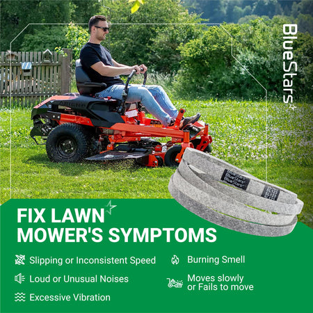 Replacement deck belt for zero-turn mowers shown with a man operating a lawn mower in a field.