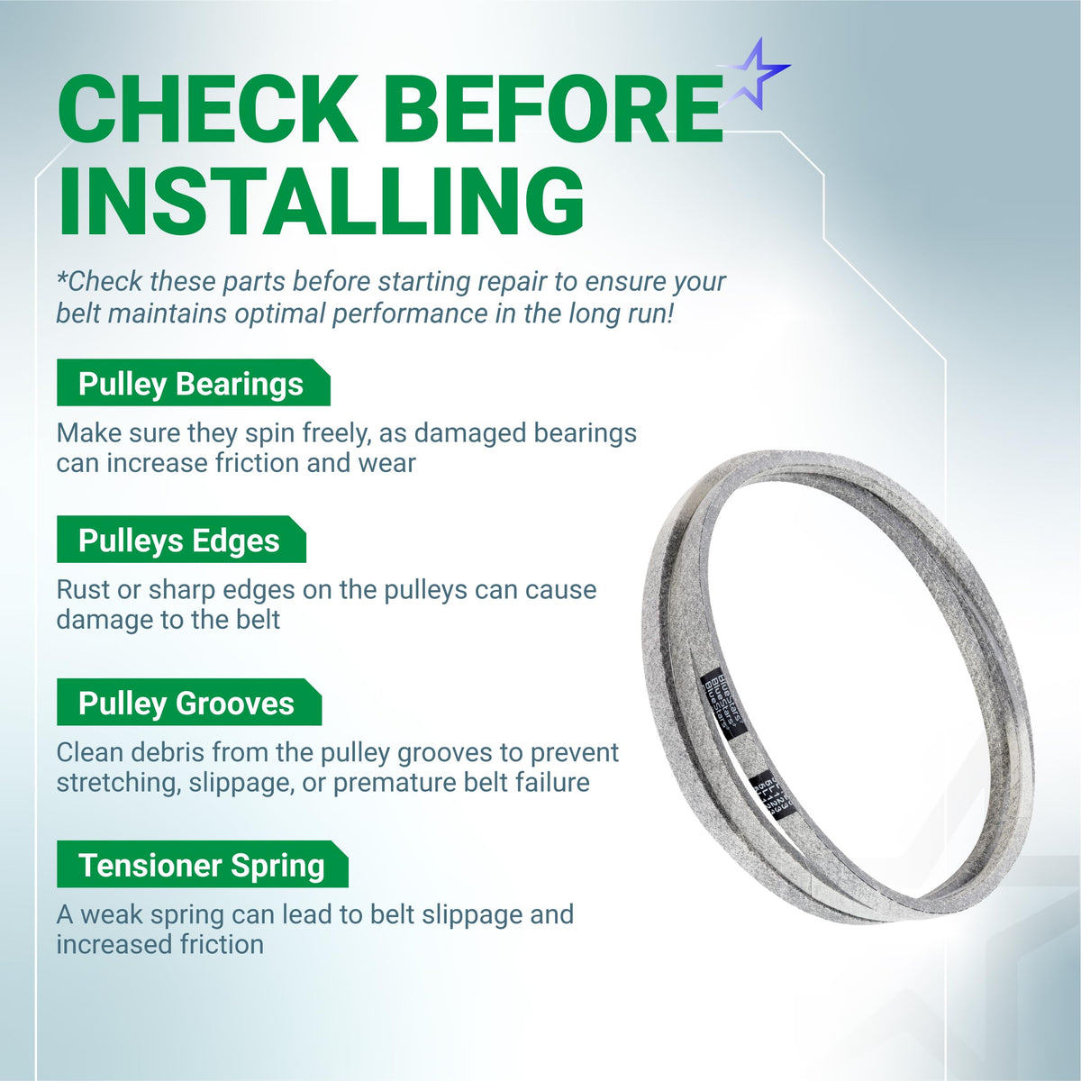 Installation guide for 539117245 deck belt showing pulley and tensioner maintenance tips for Husqvarna mowers.