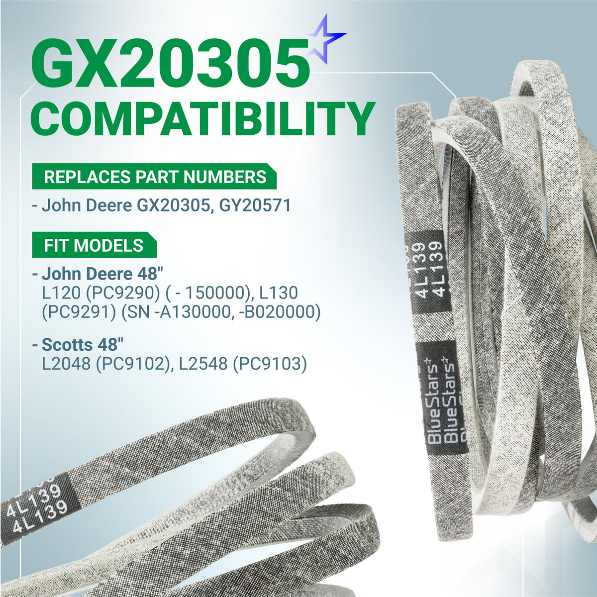 GX20305 mower deck belt replacement compatibility chart for John Deere and Scotts 48-inch mowers.