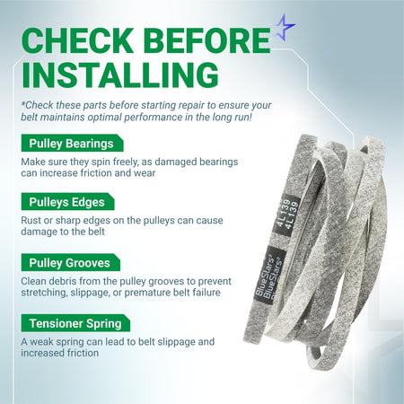 GX20305 mower deck belt installation guide showing maintenance tips for pulleys and tensioner springs.
