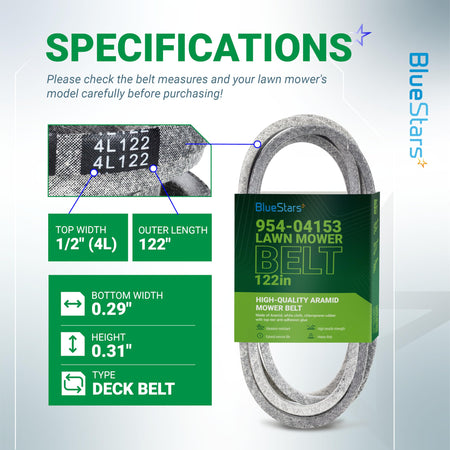 Specifications chart for 954-04153 deck belt showing dimensions, 4L122 label, and product features.