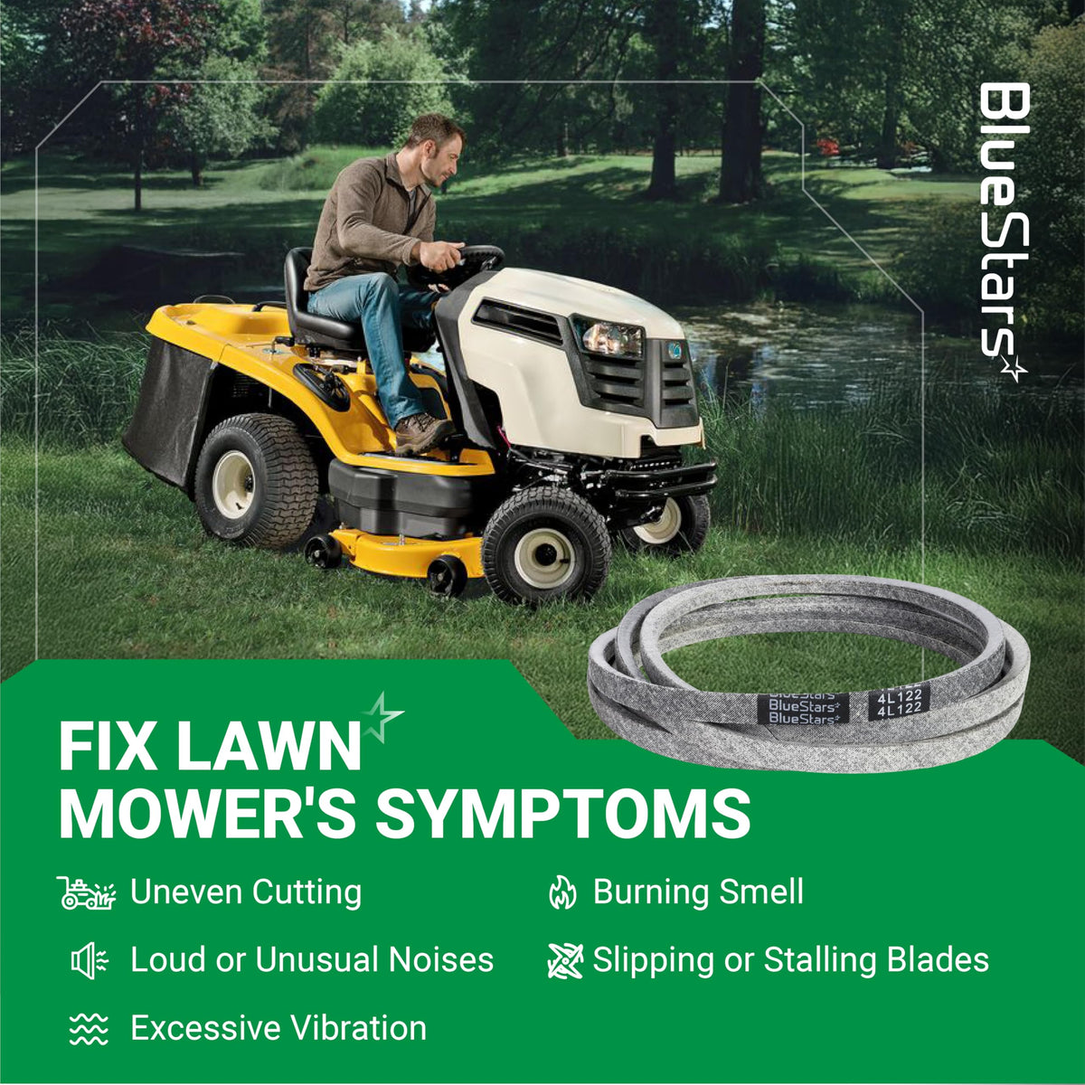 954-04153 replacement deck belt for Cub Cadet lawn mowers shown with troubleshooting symptoms guide.