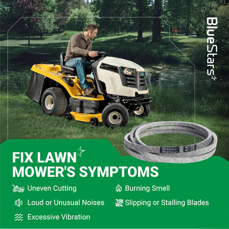 954-04153 replacement deck belt for Cub Cadet lawn mowers shown with troubleshooting symptoms guide.