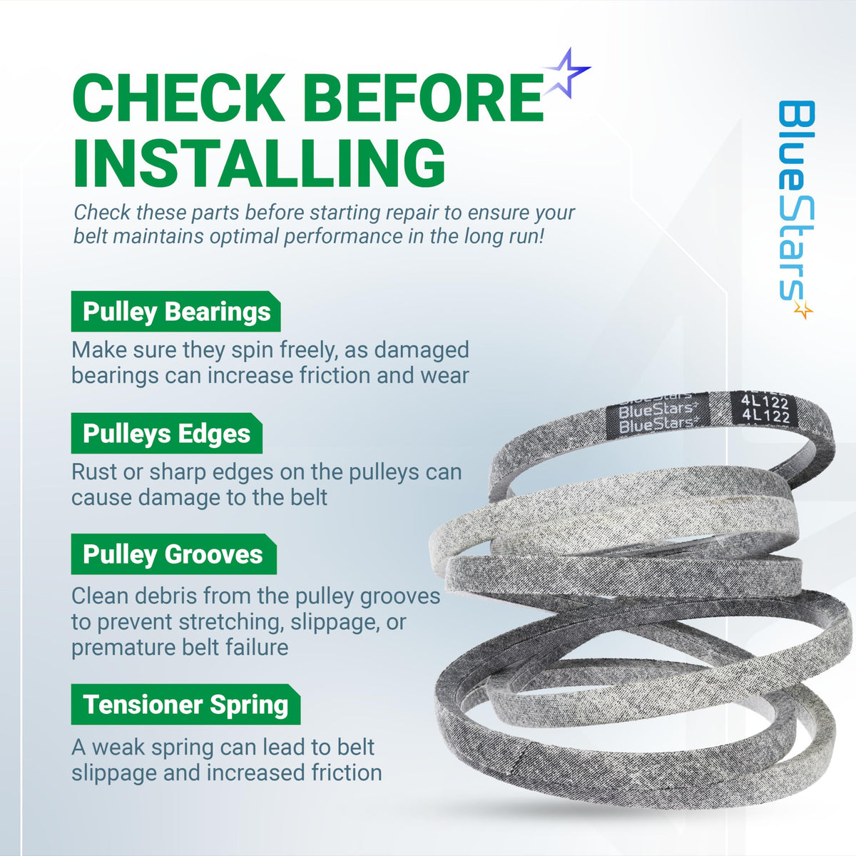 Informational graphic for 954-04153 deck belt installation tips for Cub Cadet lawn mowers.