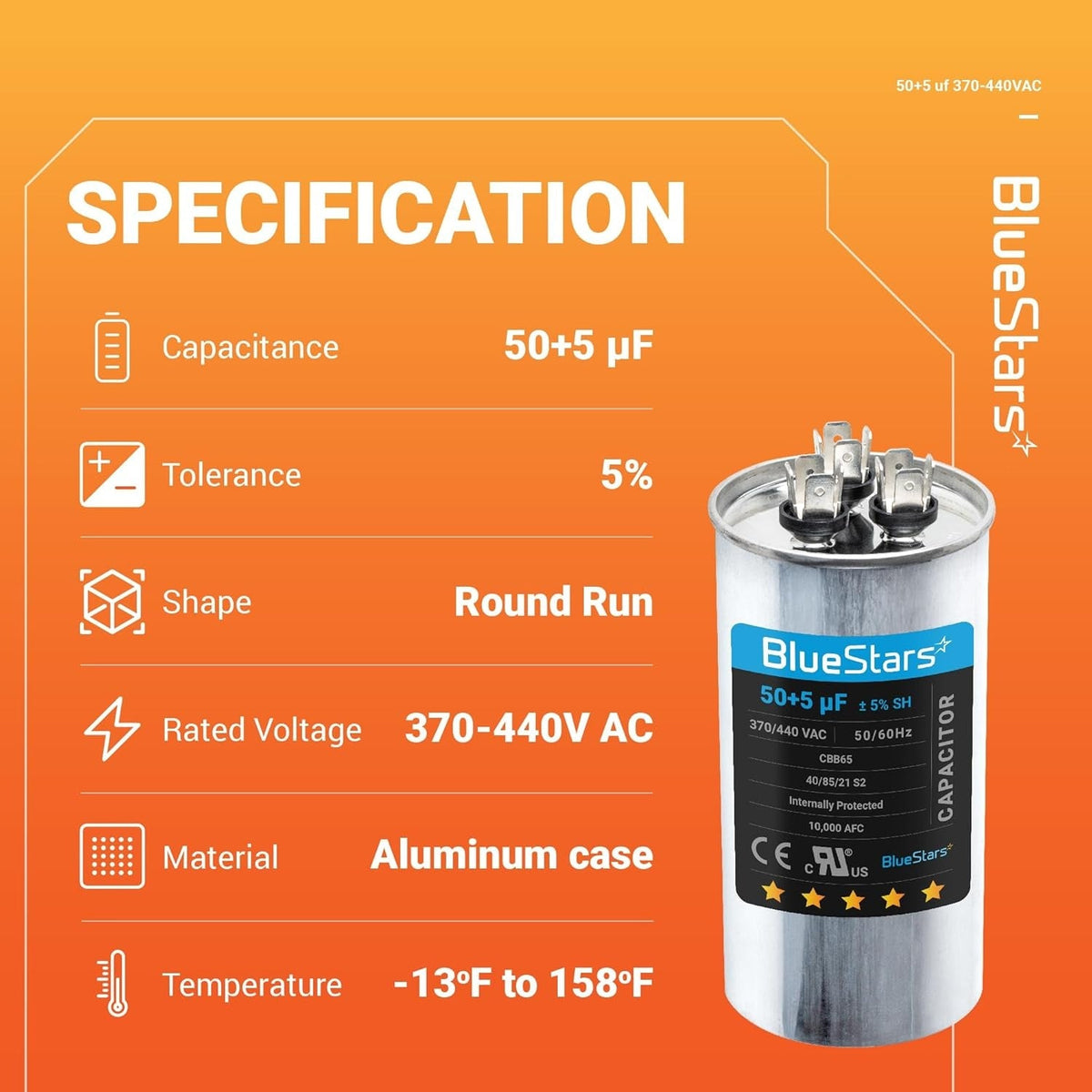 Technical specification chart for 50+5 uF 370/440 VAC dual run round AC capacitor with product image.