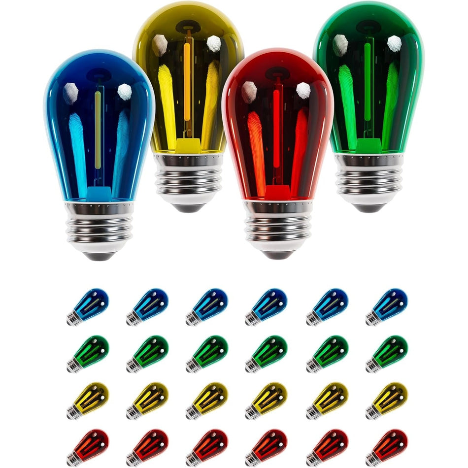 1W S14 Colored LED String Light Bulbs E26 Medium Base - Pack of 24