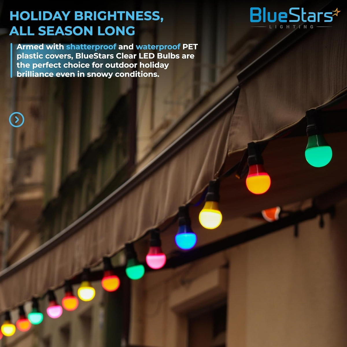 Multi-colored S14 LED string light bulbs hanging outdoors on a building awning.