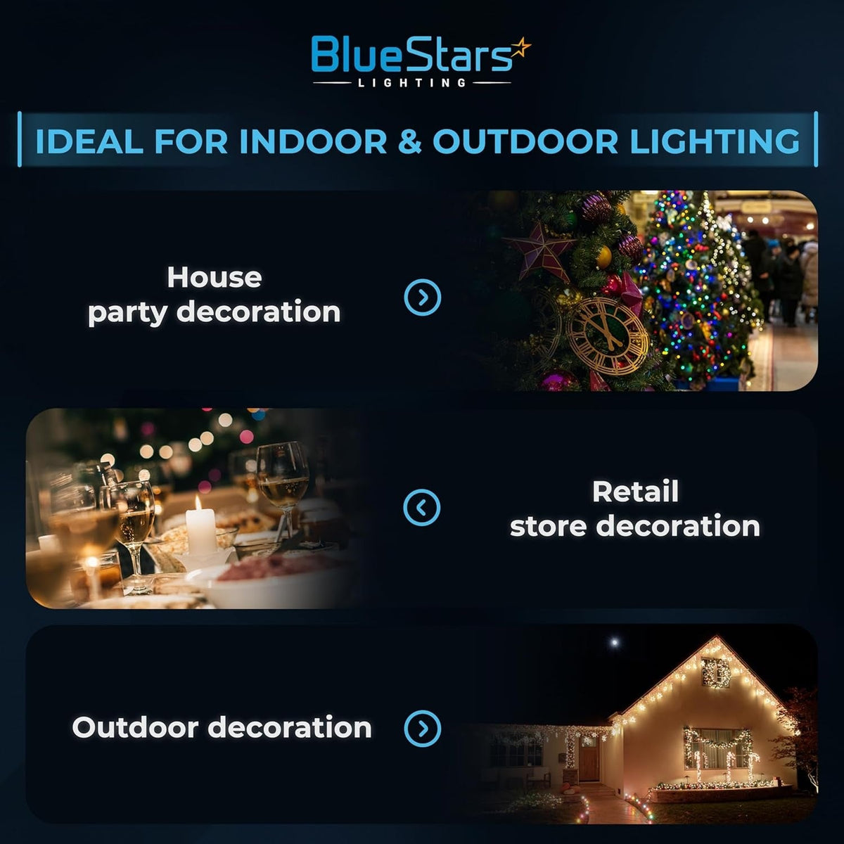 BlueStars S14 LED string light bulbs used for indoor and outdoor holiday, party, and retail store decoration.