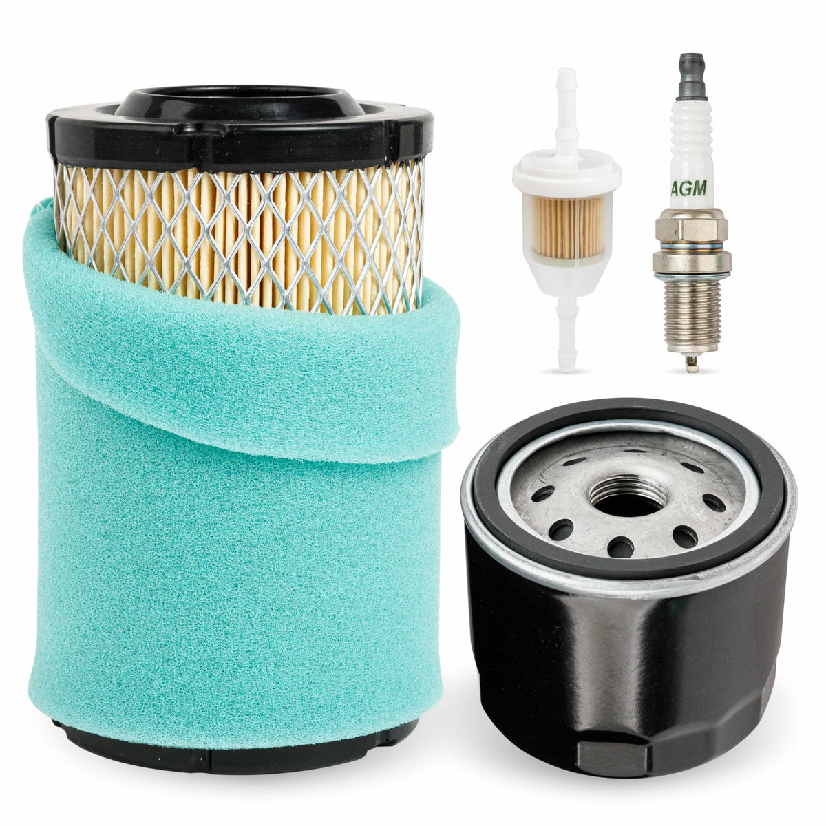 Kohler 5400 series maintenance kit including air filter, oil filter, fuel filter, and spark plug.