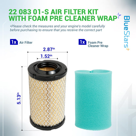 22 083 01-S1 air filter and foam pre-cleaner wrap with dimensions for Kohler 5400 series engines.
