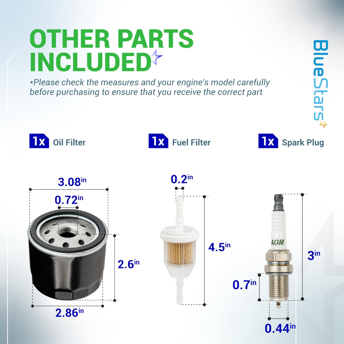 Dimensional diagram showing oil filter, fuel filter, and spark plug included in Kohler 5400 series maintenance kit.