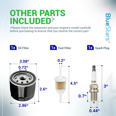 Dimensional diagram showing oil filter, fuel filter, and spark plug included in Kohler 5400 series maintenance kit.