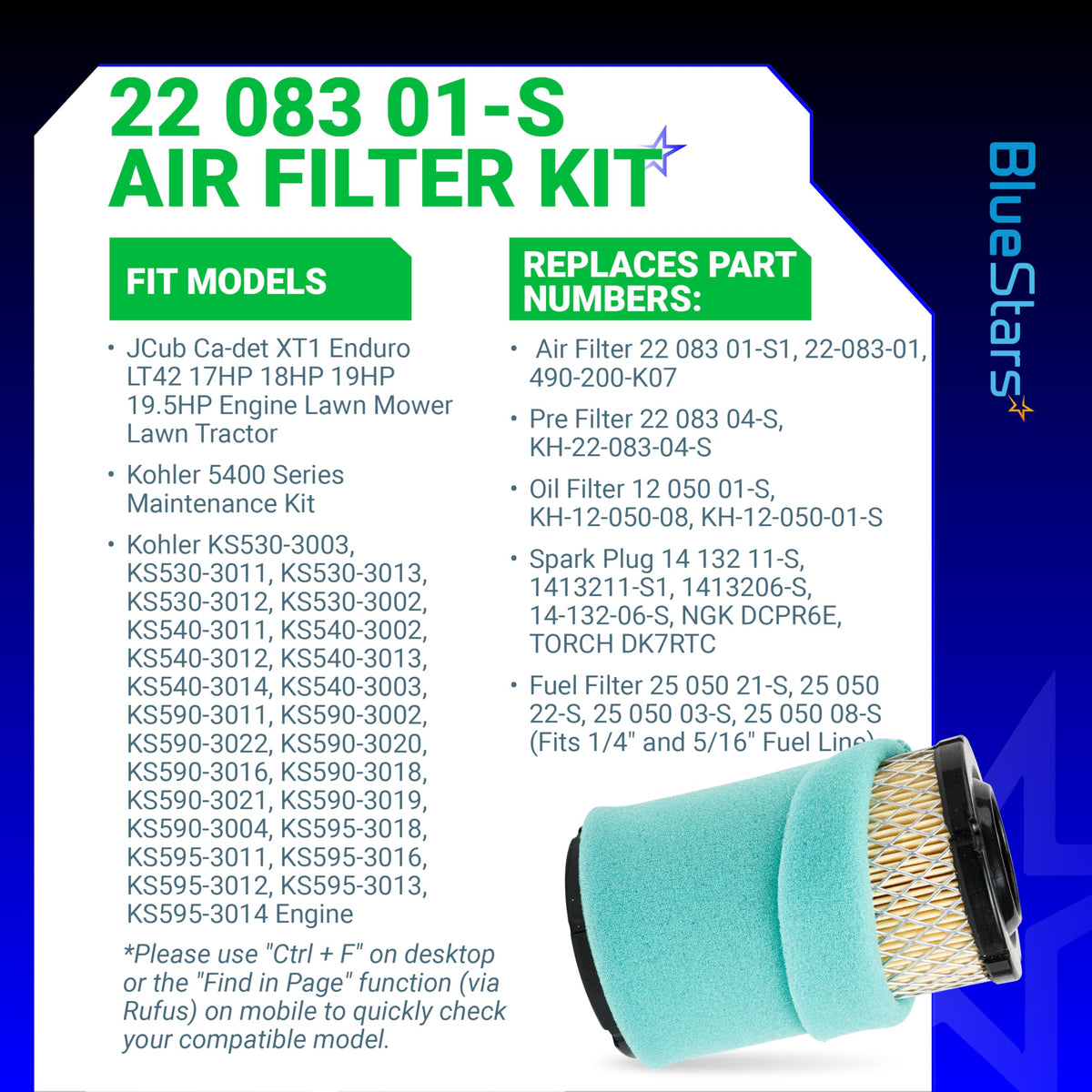 22 083 01-S1 air filter with foam pre-cleaner for Kohler 5400 series engines, shown on compatibility information graphic.
