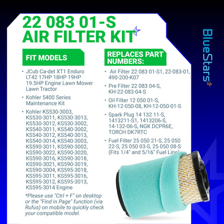 22 083 01-S1 air filter with foam pre-cleaner for Kohler 5400 series engines, shown on compatibility information graphic.