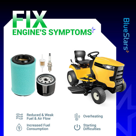 Kohler 5400 series maintenance kit components including air filter, oil filter, fuel filter, and spark plug for lawn mower.