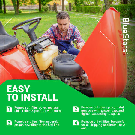 Mechanic performing maintenance on a lawn mower engine with easy installation instructions for Kohler 5400 series kits.