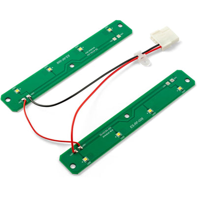 W11527432 refrigerator LED light assembly with two green circuit boards connected by red and black wiring.
