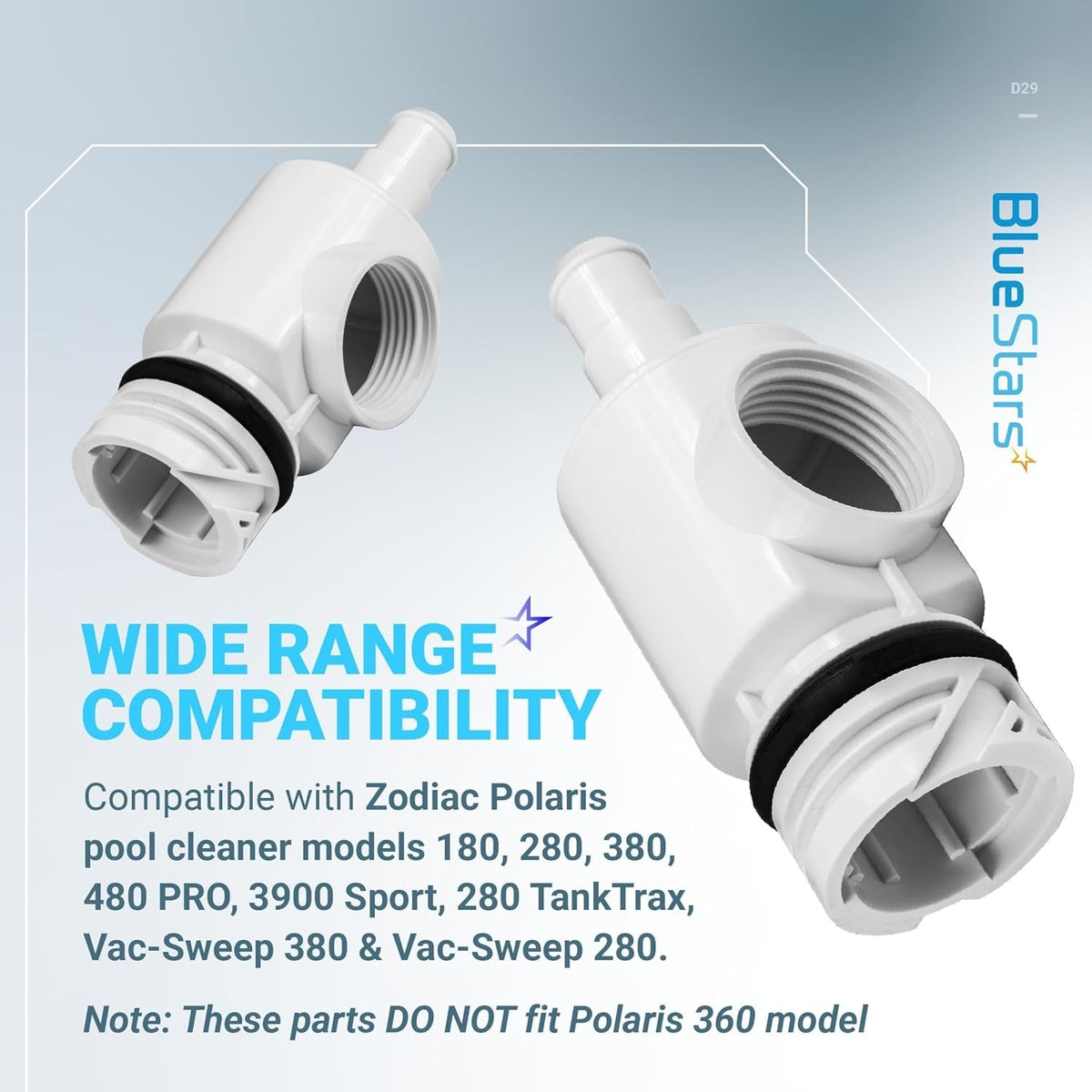 Two D29 UWF universal wall fitting quick disconnects for Zodiac Polaris pool cleaners.