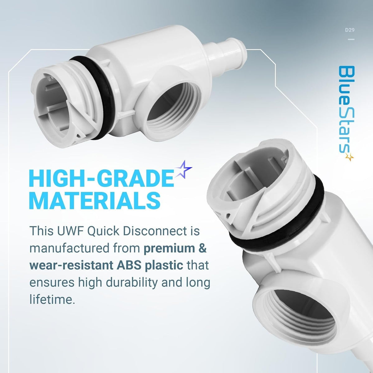 Two D29 UWF universal wall fitting quick disconnects shown from different angles.