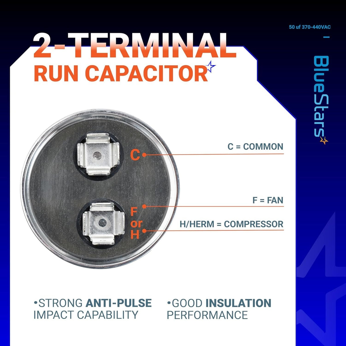 Top view of 50 uF CBB65 motor run capacitor showing 2-terminal layout and connection labels.