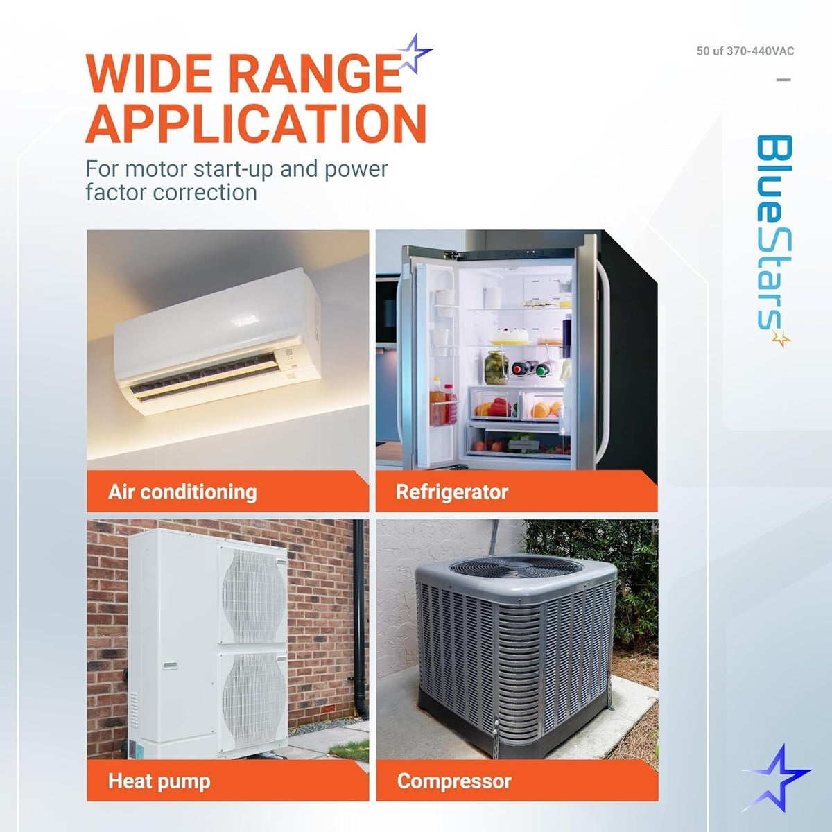 Infographic showing wide range applications for 50 uF motor run capacitor in HVAC and refrigeration systems.