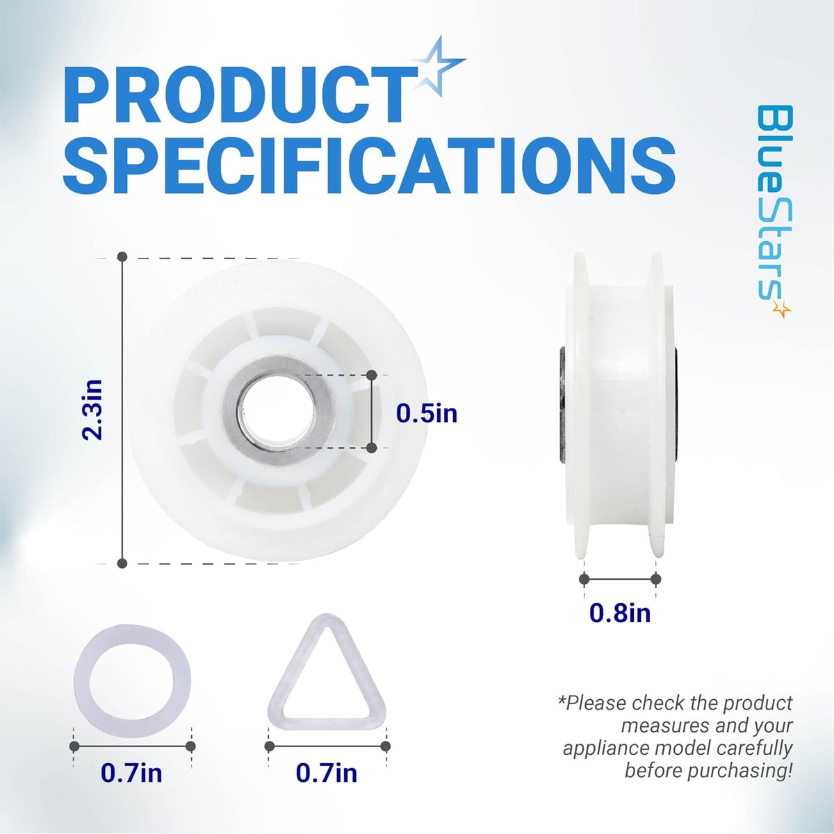 279640 Dryer Idler Pulley Replacement, product specifications diagram showing pulley and two included washers with dimensions