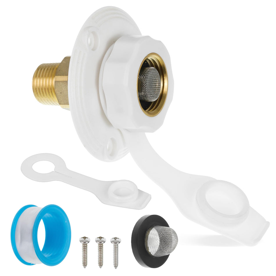 [Lifetime Warranty] RV City Water Inlet Brass with Check Valve - 3/4" NH Female to 1/2" NPT Male Thread - Includes Dust Plug
