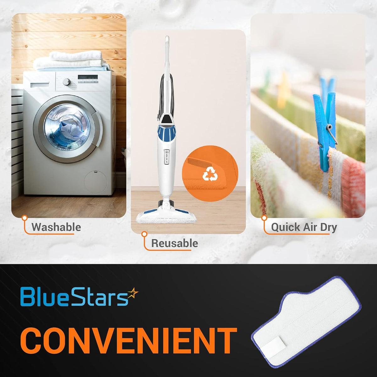 Infographic showing washable and reusable microfiber mop pads compatible with Dupray Neat steam cleaners.