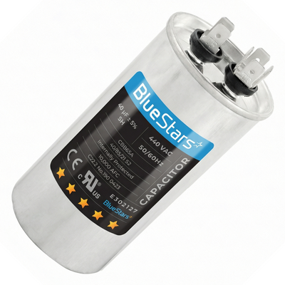 BlueStars 40 uF 370/440 VAC CBB65A round run capacitor for AC motors and heat pumps.