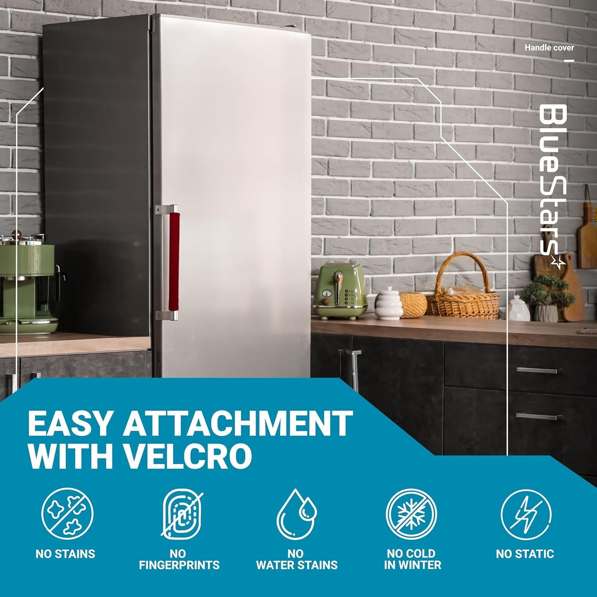 Red refrigerator door handle cover installed on a stainless steel fridge with velcro attachment features.