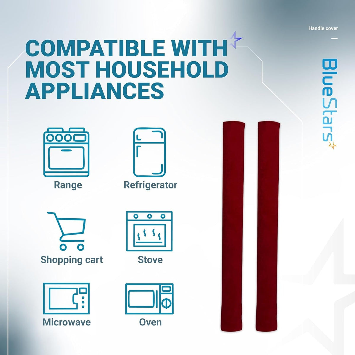 Infographic showing two red refrigerator door handle covers compatible with various kitchen appliances.