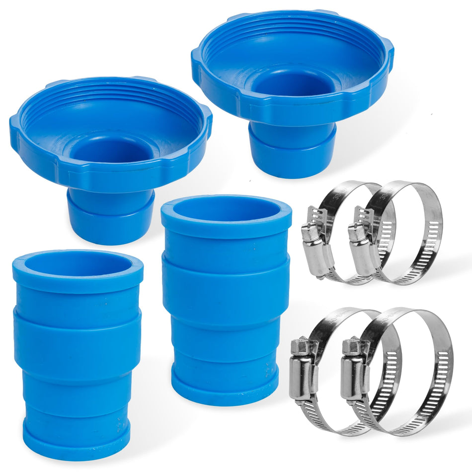 Pool vacuum hose adapter kit with two blue Intex B adapters, two flexible rubber connectors, and four metal clamps.