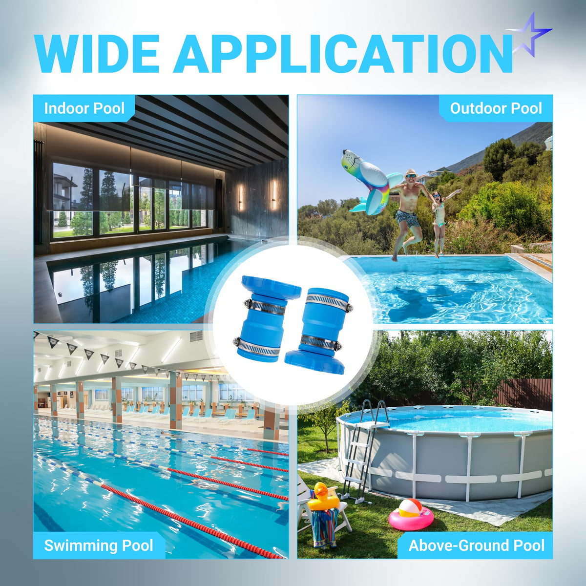 Collage showing pool vacuum hose adapters used in various indoor and outdoor swimming pool environments.
