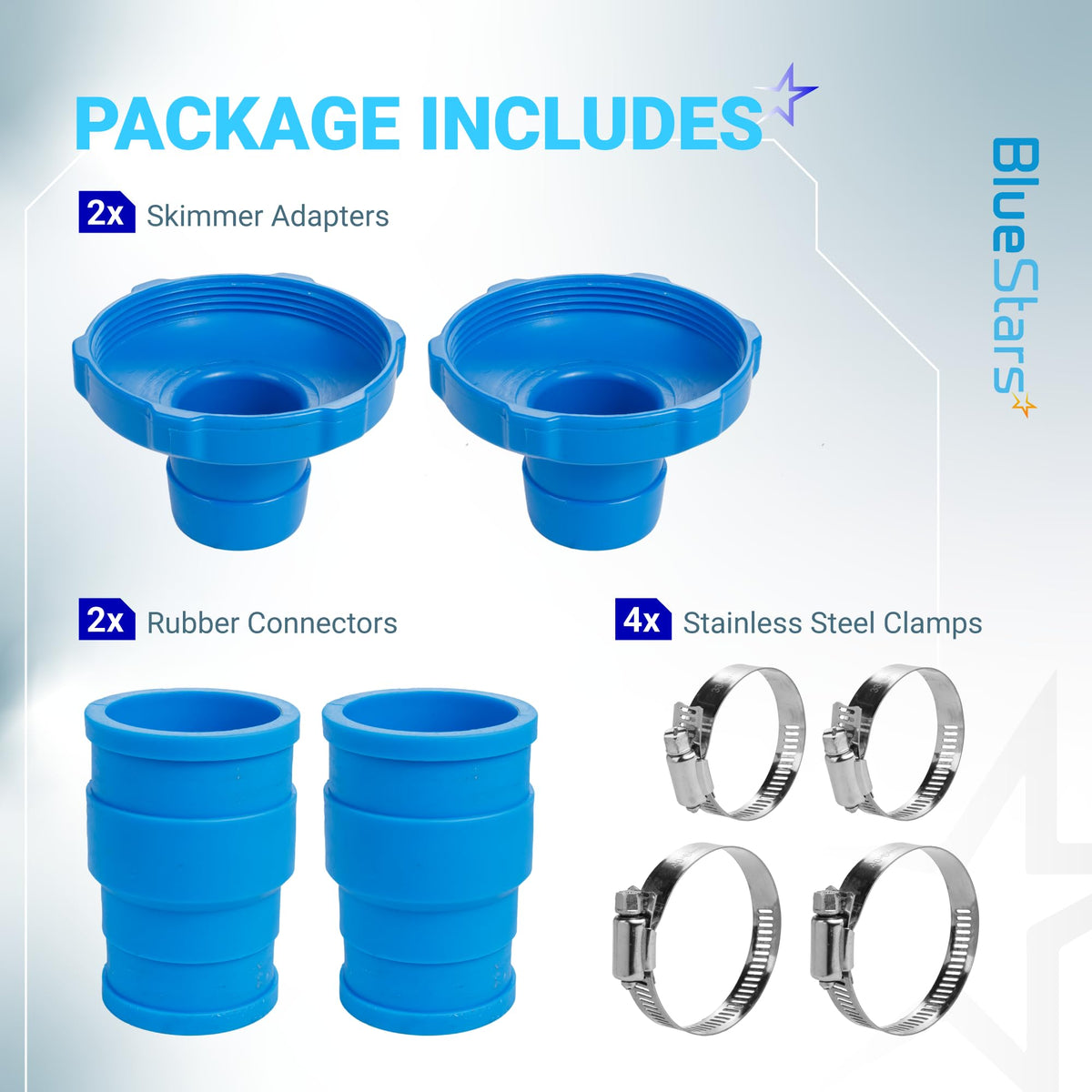 Pool vacuum hose adapter kit contents showing two skimmer adapters, two rubber connectors, and four stainless steel clamps.