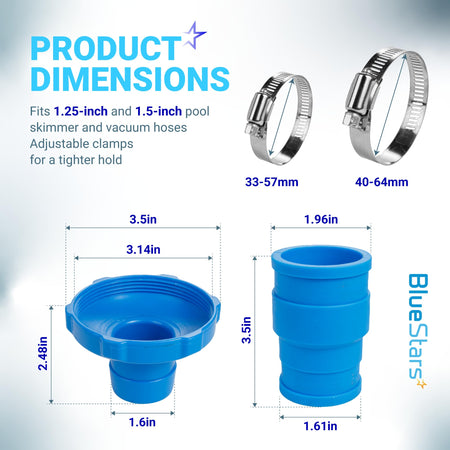 Dimension diagram for pool vacuum hose adapter kit showing measurements for connectors and stainless steel clamps.