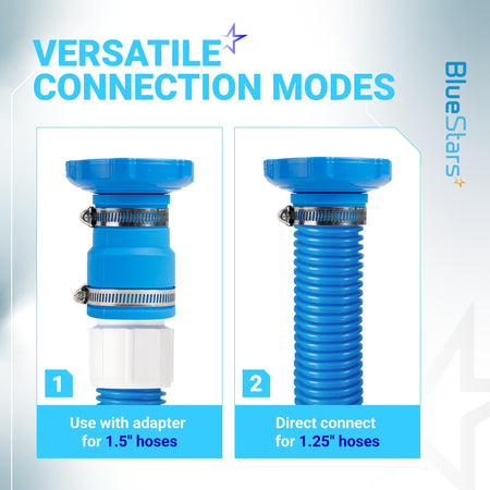 Infographic showing two connection modes for Intex pool vacuum hose adapters with 1.25-inch and 1.5-inch hoses.