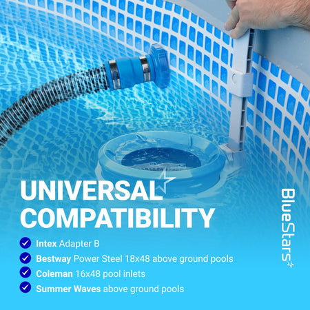 Pool vacuum hose adapter B installed on an above ground pool skimmer hose with stainless steel clamp.