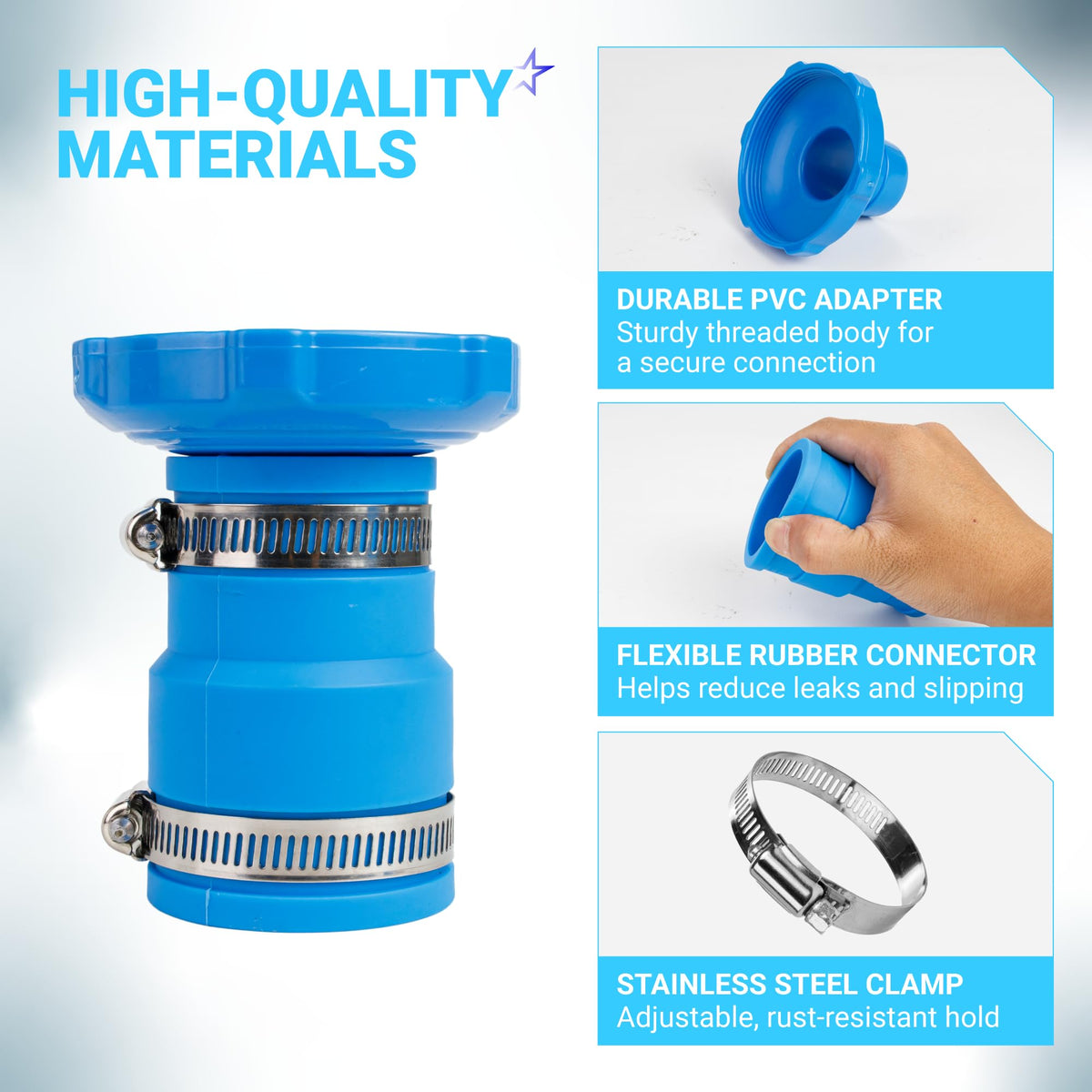 Infographic showing Intex pool vacuum hose adapter components, including PVC adapter, rubber connector, and steel clamps.