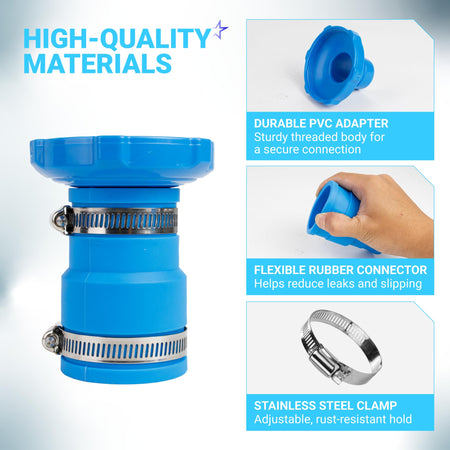 Infographic showing Intex pool vacuum hose adapter components, including PVC adapter, rubber connector, and steel clamps.