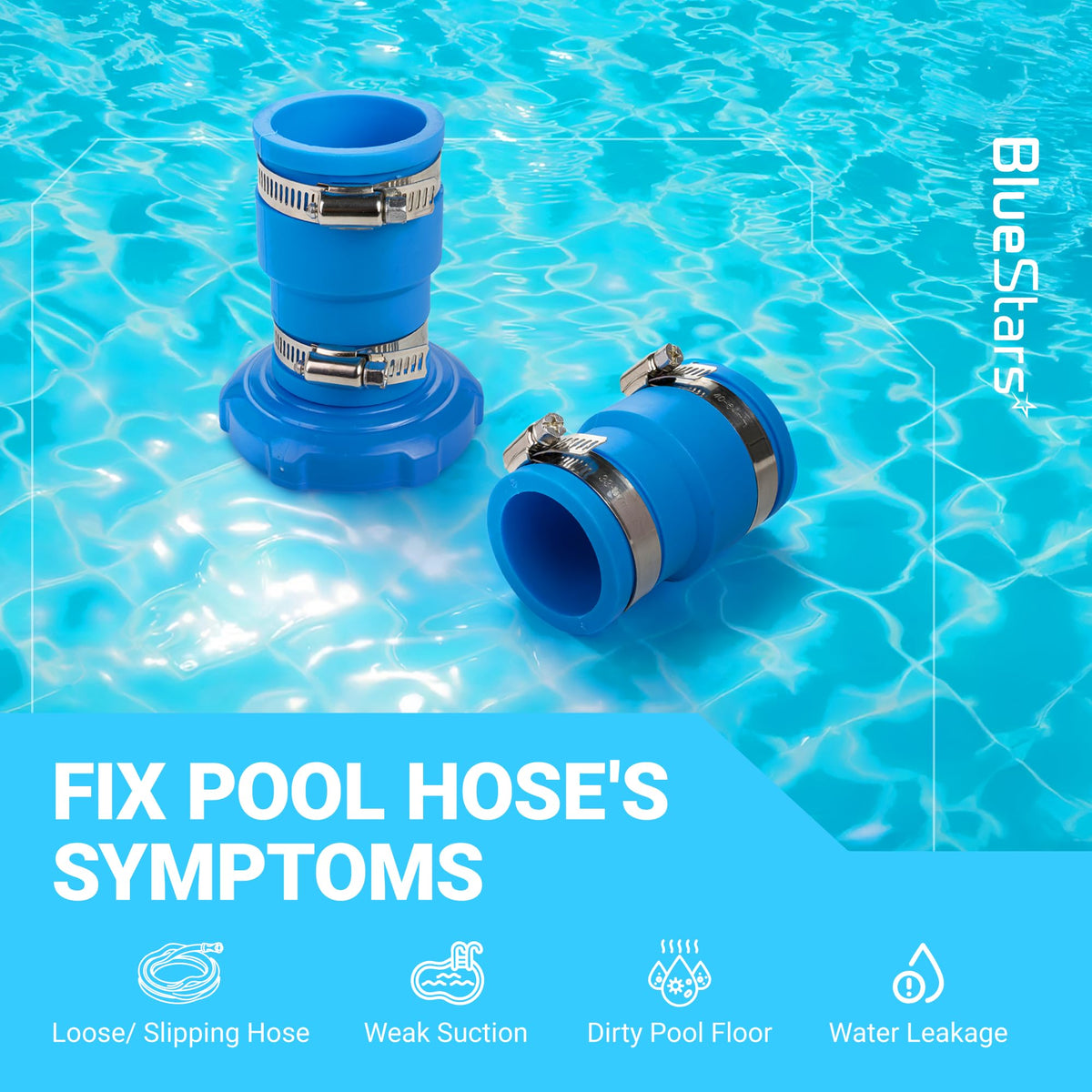 Two blue pool vacuum hose adapters with stainless steel clamps for Intex skimmer hoses.