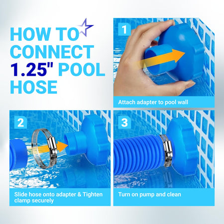 Instructional graphic showing how to connect a 1.25-inch pool vacuum hose to an Intex adapter B using a metal clamp.